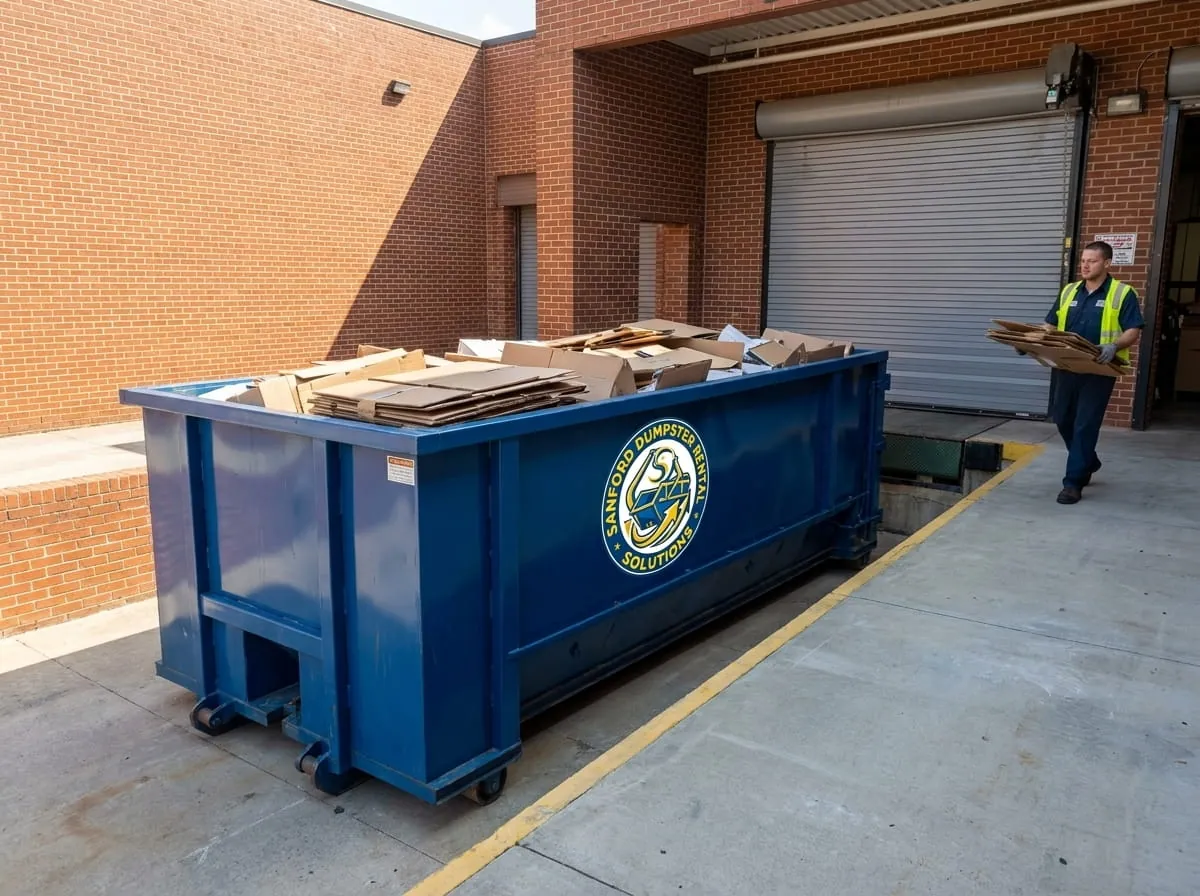 Worker beside a commercial roll-off dumpster from Sanford Dumpster Rental Solutions in Sanford, NC