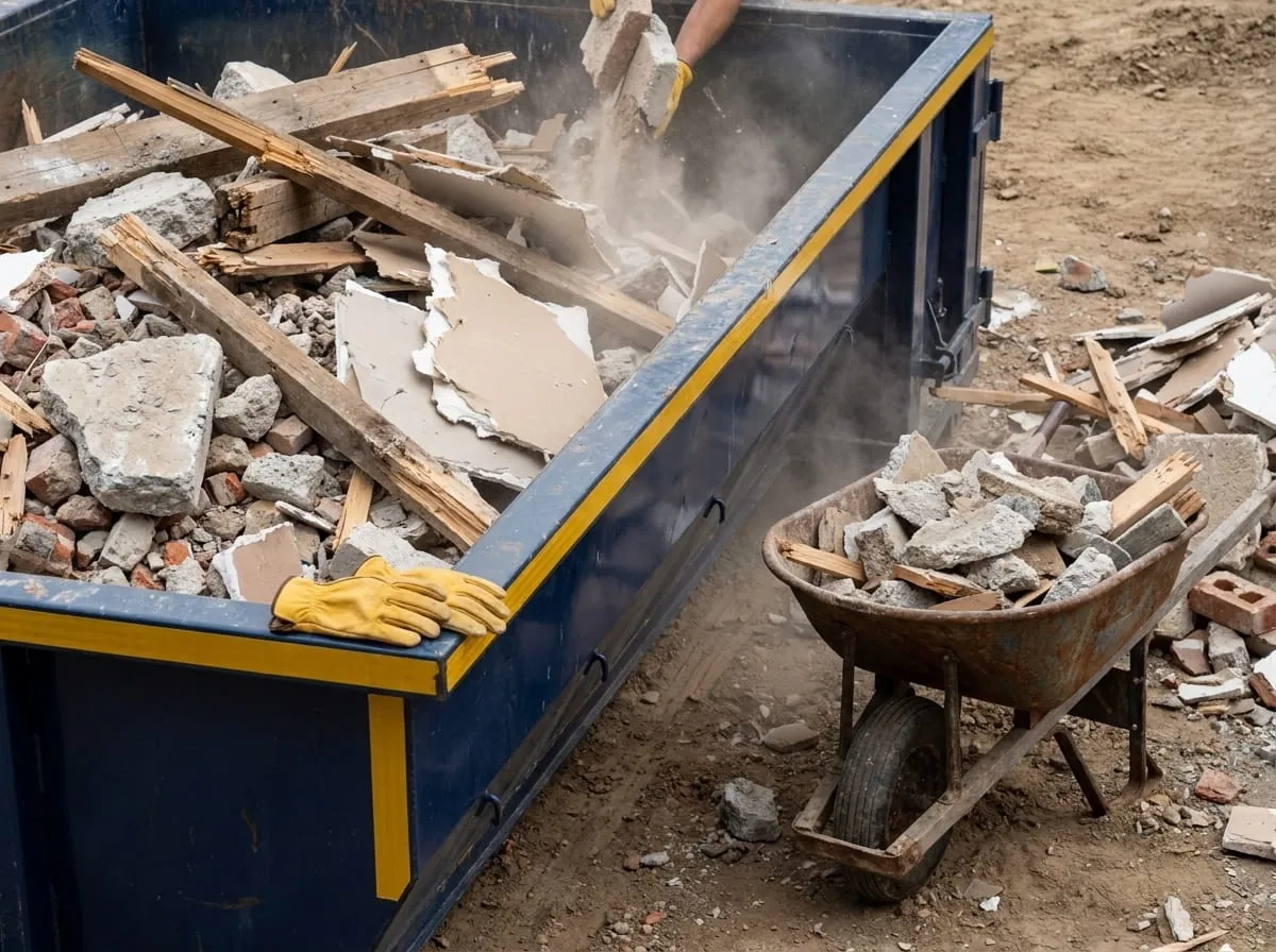 Homeowner clearing junk into a dumpster during a Sanford NC cleanout