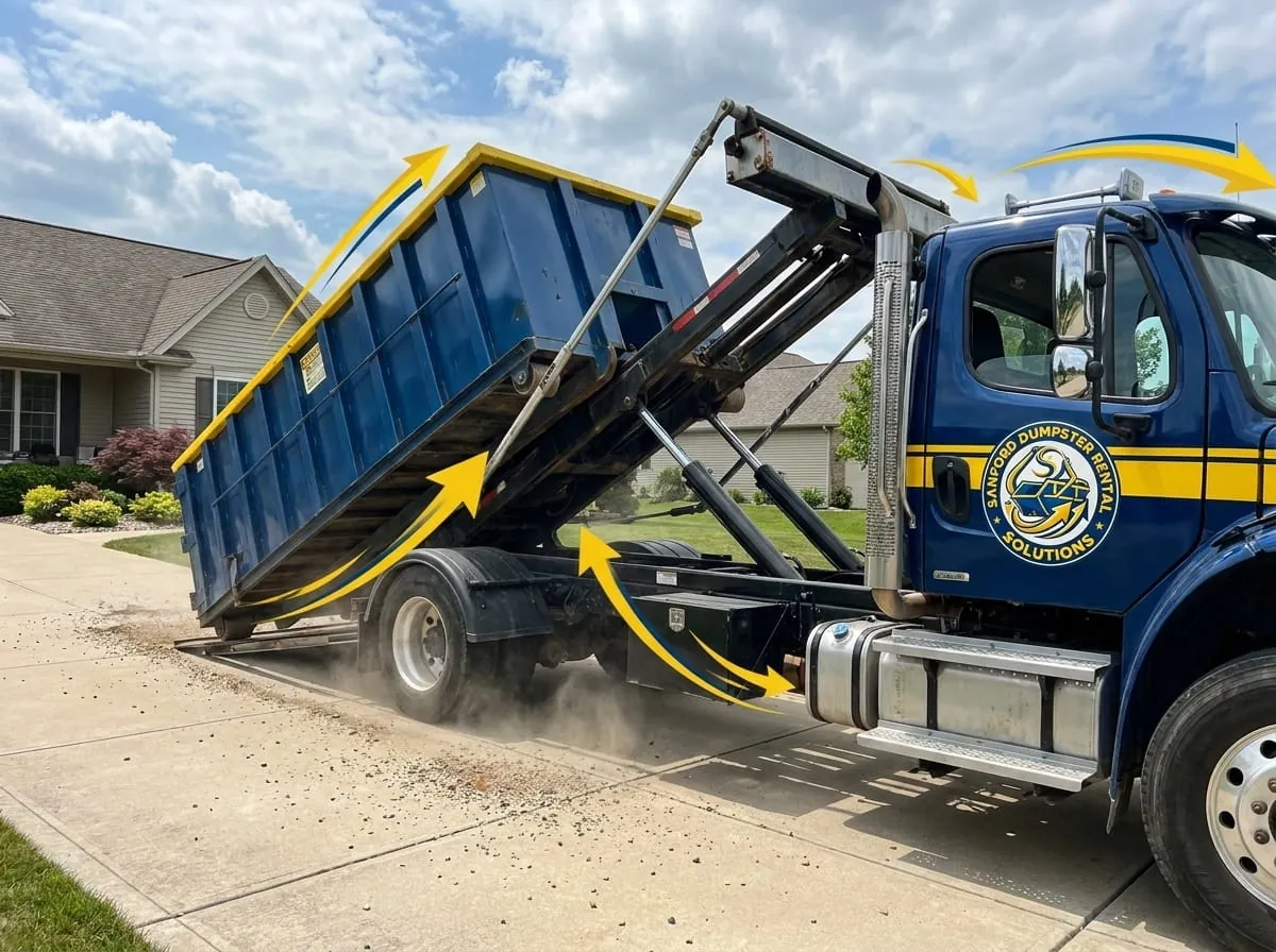 Roll-off construction dumpster being loaded onto a Sanford Dumpster Rental Solutions truck